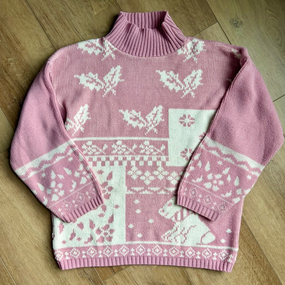 Vintage Private Eyes Pink White Patchwork Mock Neck Sweater Scottie Dog USA Made